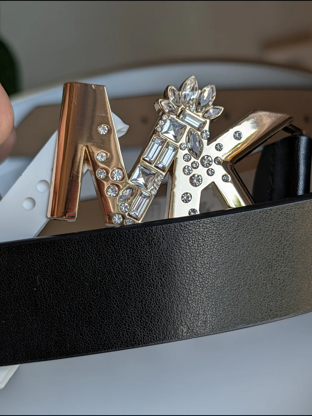 Michael Kors Black Leather Belt with Gold MK Crystal Buckle